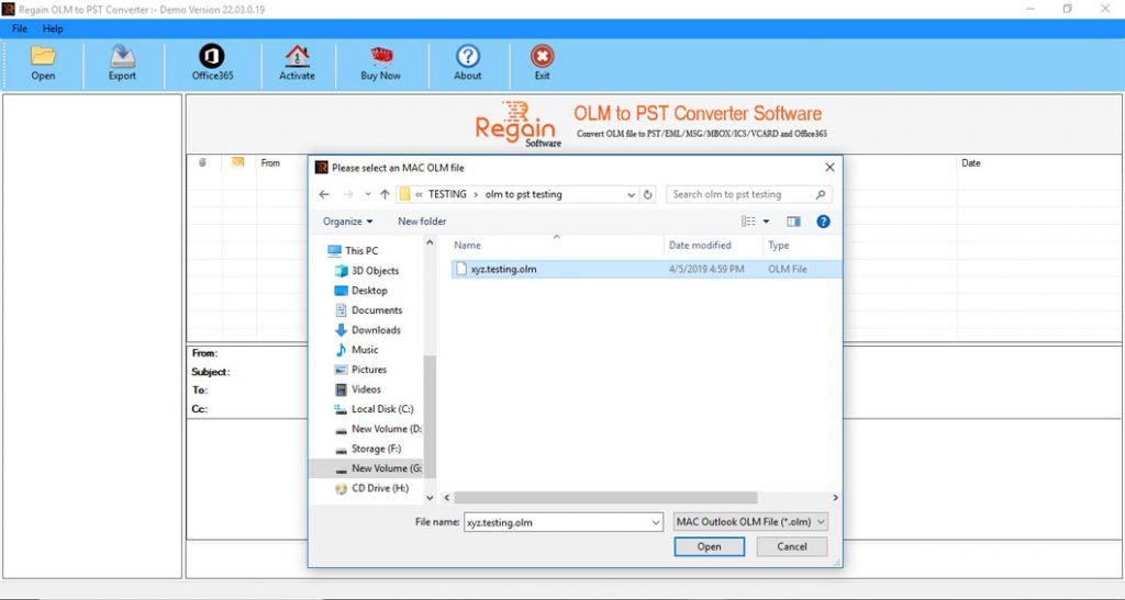 Select OLM file for Conversion