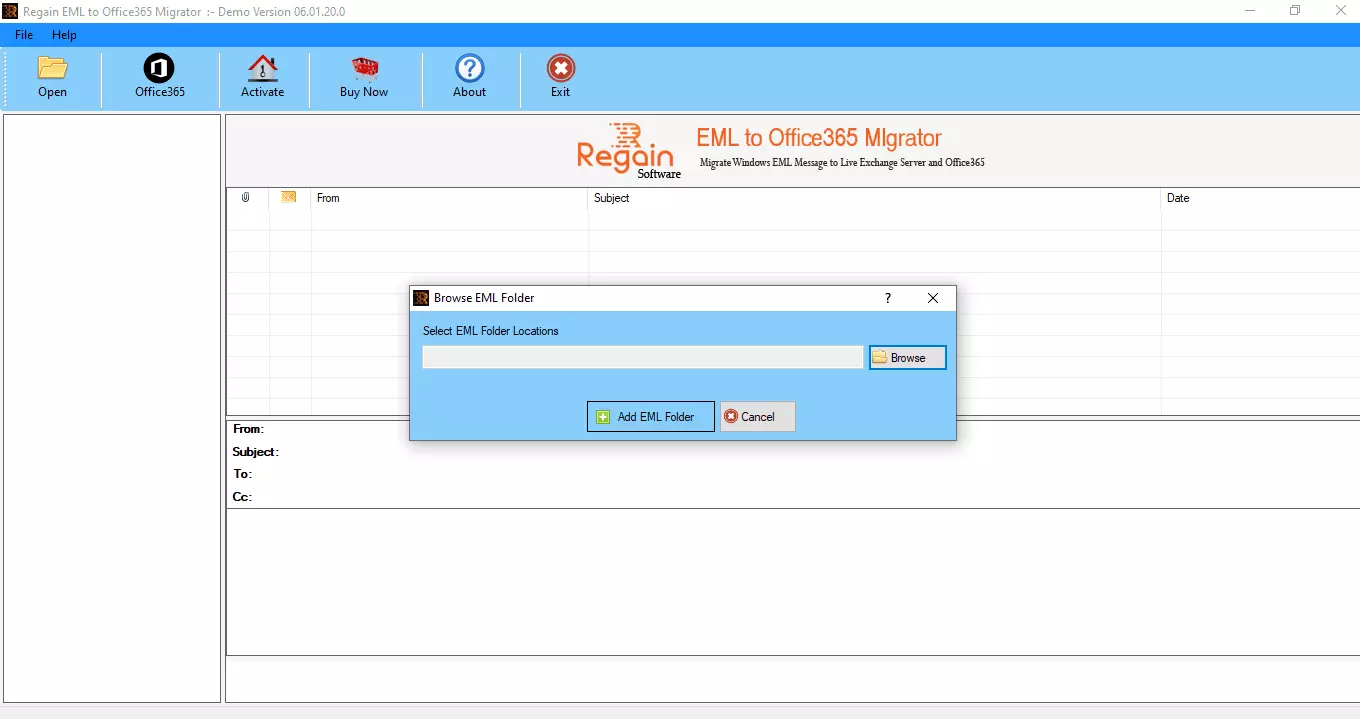 EML to Office 365 Migrator - Home Screen