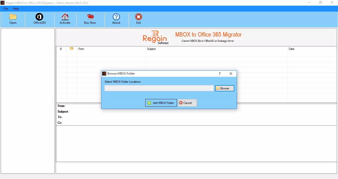 MBOX to Office 365 Migrator - Home Screen