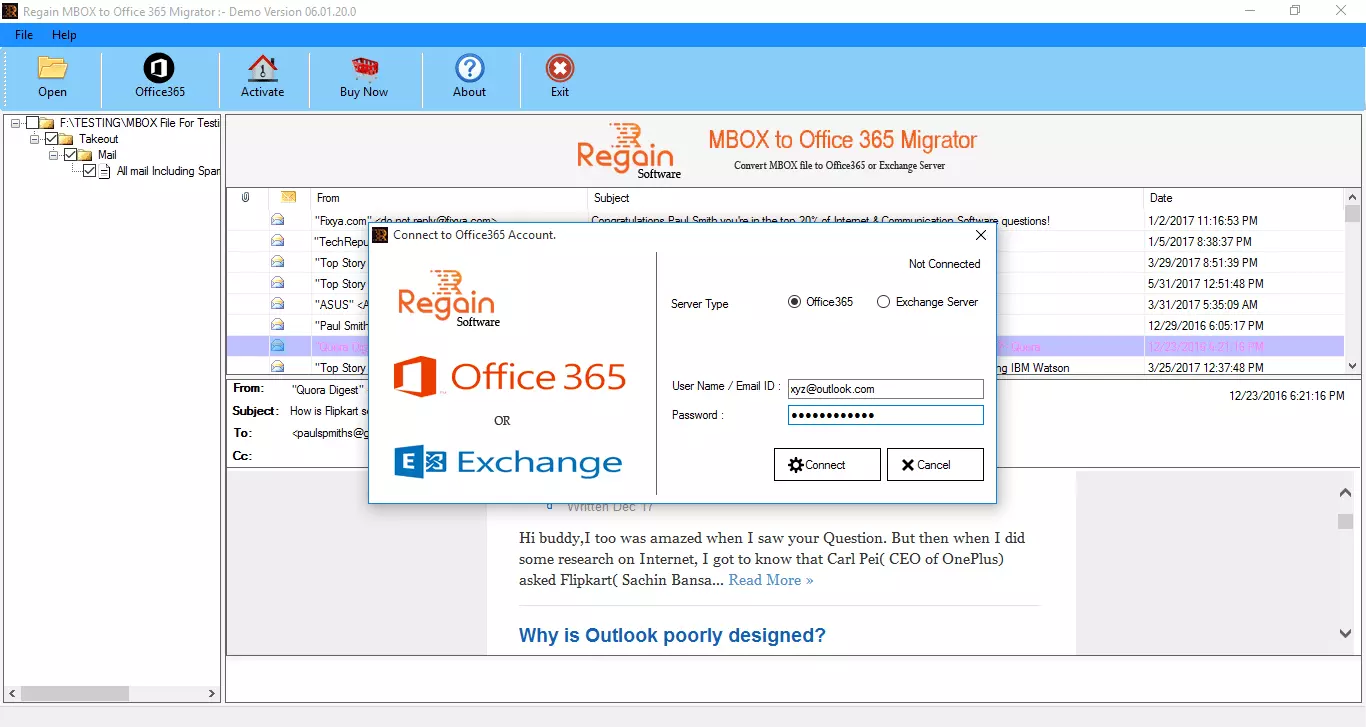 Transfer MBOX emails to Office 365 platform