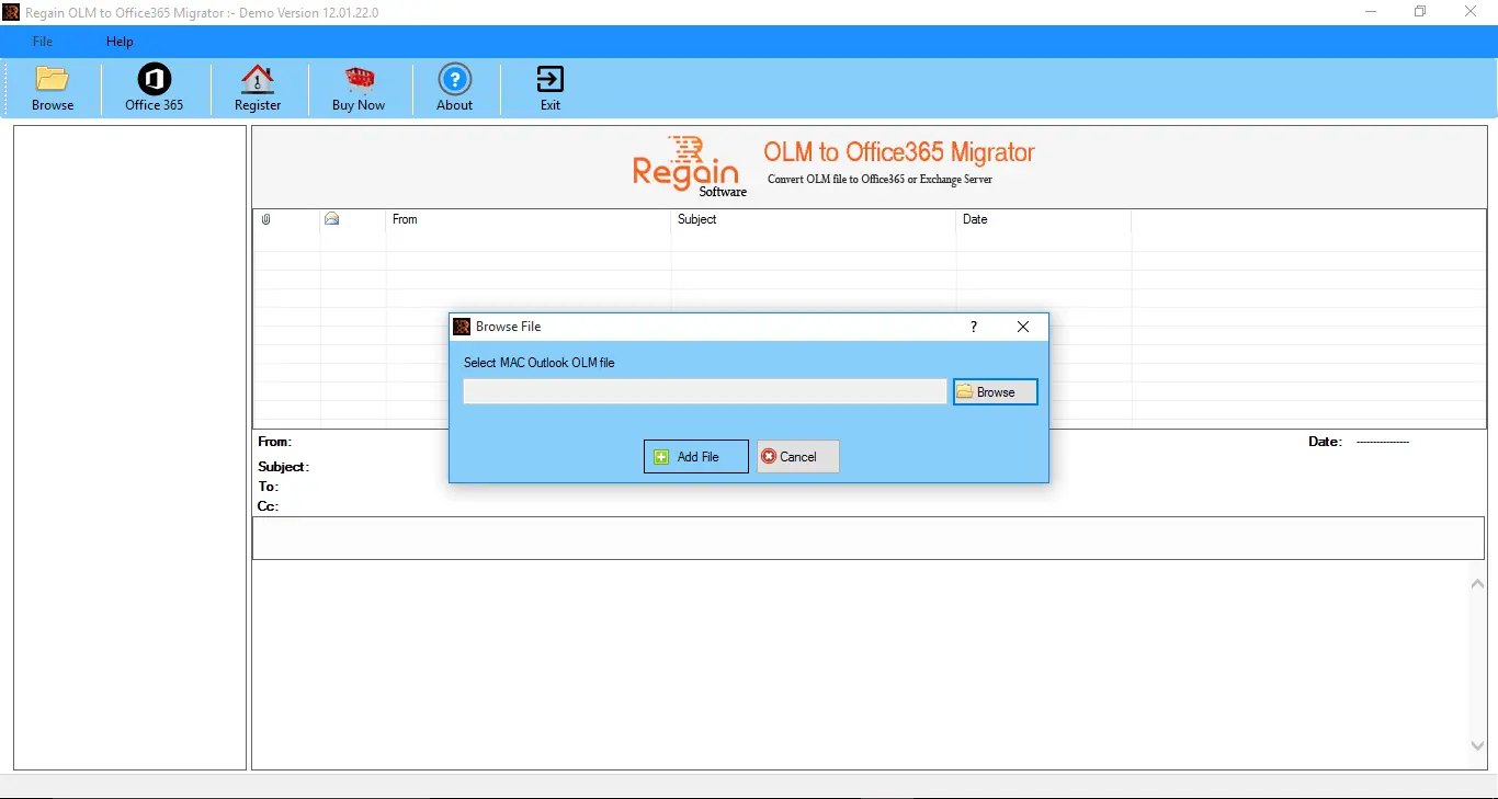 OLM to Office 365 Migrator - Home Screen